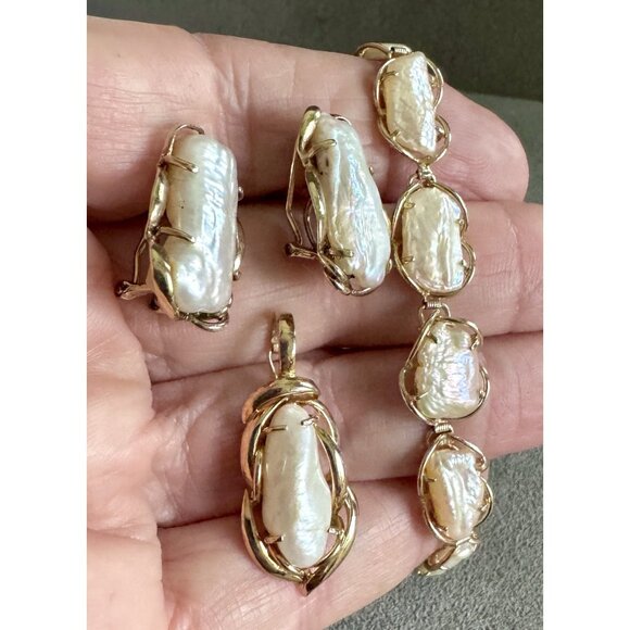 Vintage BAROQUE PEARL SET - Earrings Pendant Bracelet in 14K GOLD Luminous Keshi - Picture 10 of 11